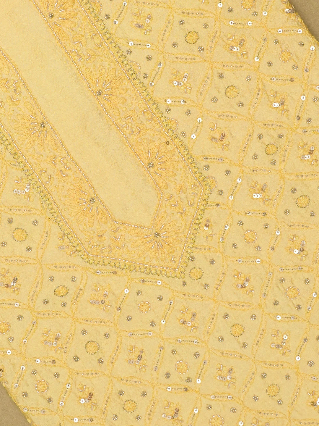 Ada Hand Embroidered Yellow Chanderi Lucknowi Chikankari Unstitched Men's Kurta Piece With Cutdana Work 01A516828