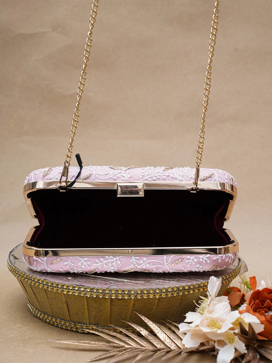 Ada Hand Embroidered Pink Silk Lucknowi Chikankari Clutch With Zari Work 01A685815