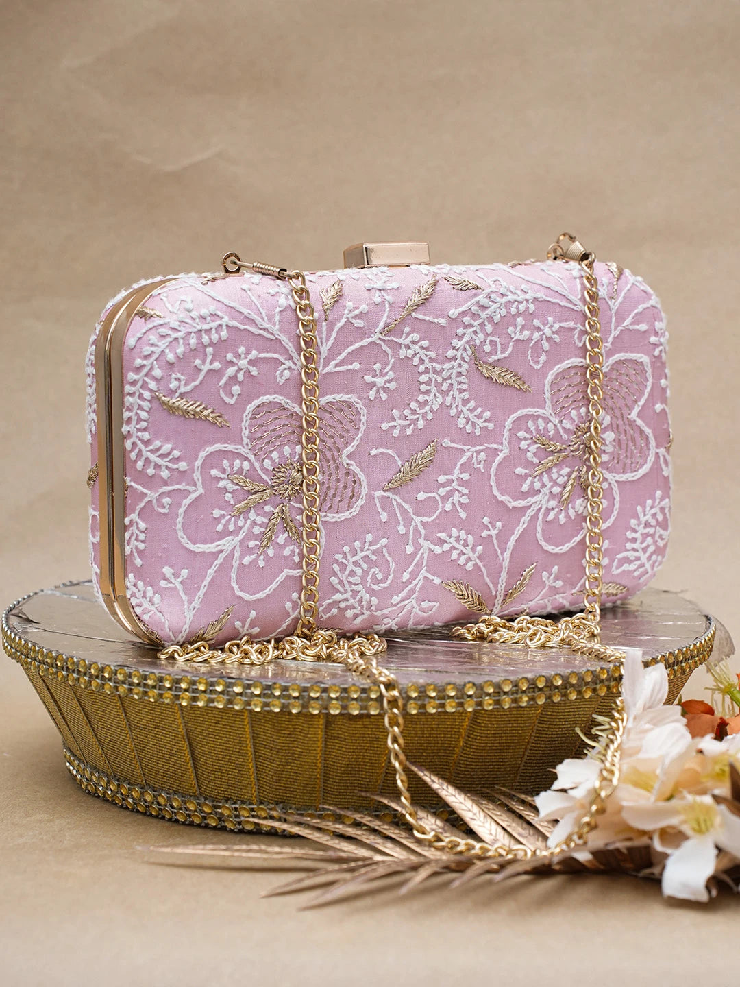 Ada Hand Embroidered Pink Silk Lucknowi Chikankari Clutch With Zari Work 01A685815