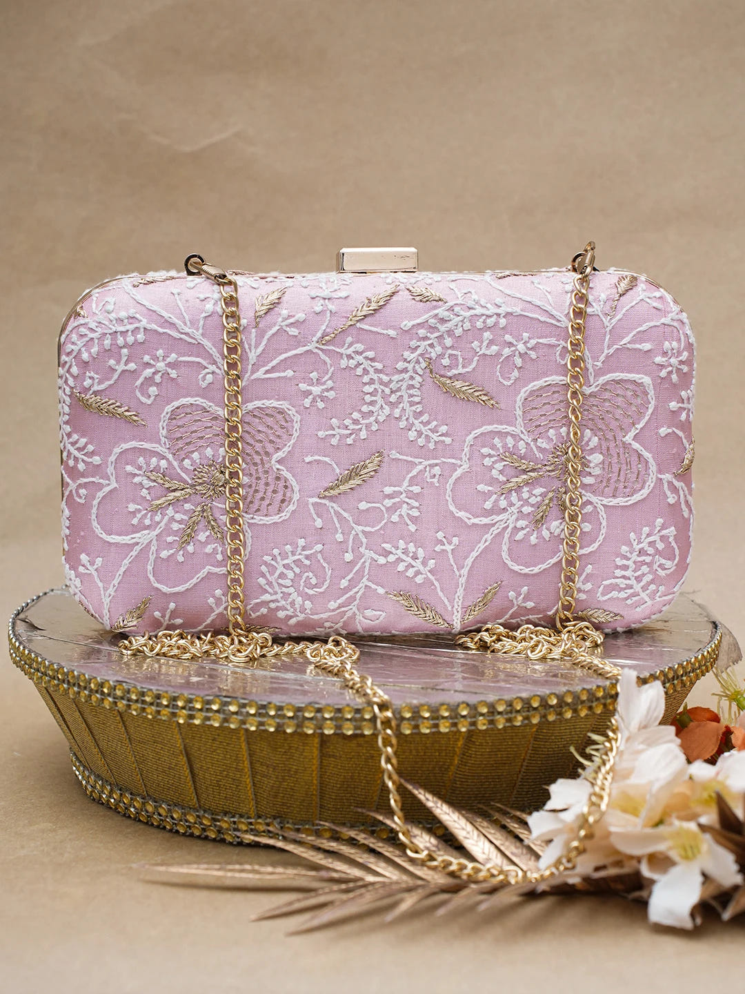 Ada Hand Embroidered Pink Silk Lucknowi Chikankari Clutch With Zari Work 01A685815