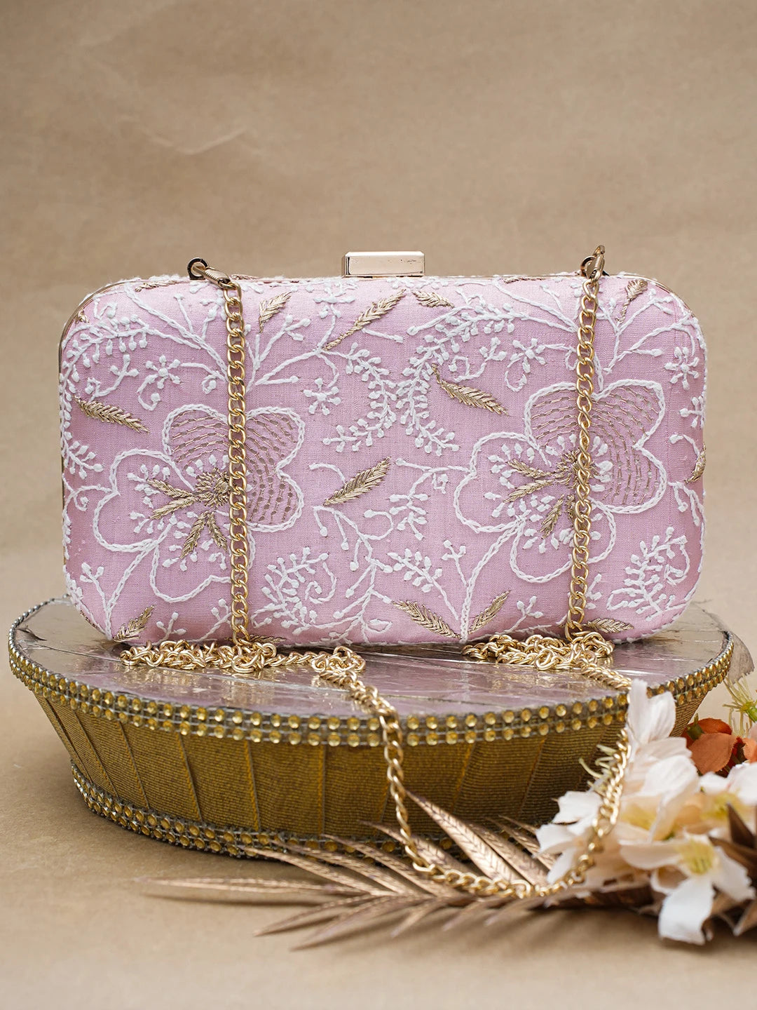 Ada Hand Embroidered Pink Silk Lucknowi Chikankari Clutch With Zari Work 01A685815