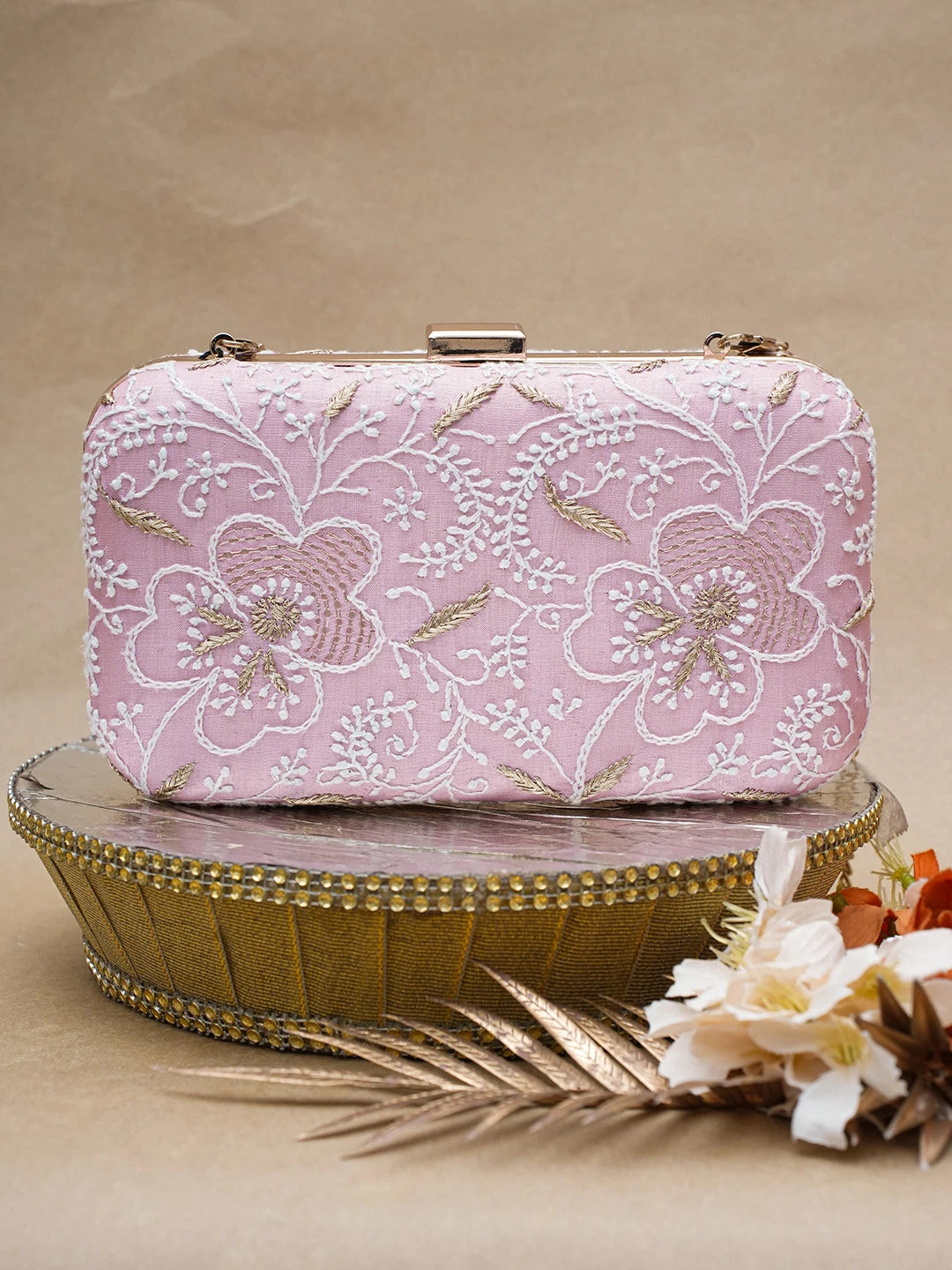 Ada Hand Embroidered Pink Silk Lucknowi Chikankari Clutch With Zari Work 01A685815