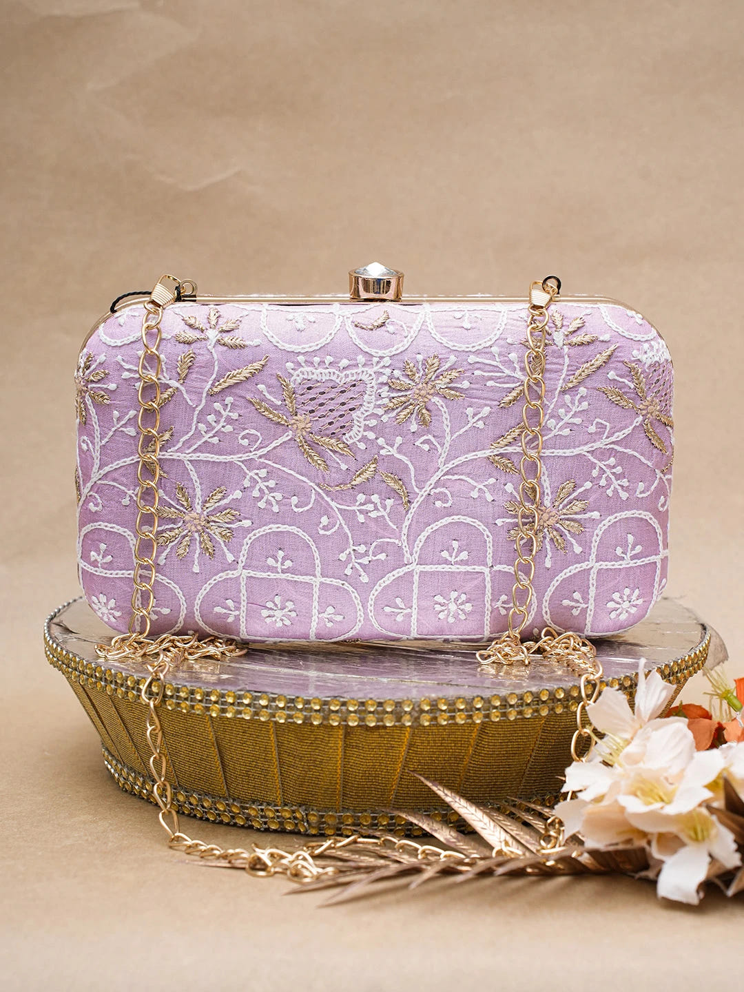 Ada Hand Embroidered Mauve Silk Lucknowi Chikankari Clutch With Zari Work 01A624577