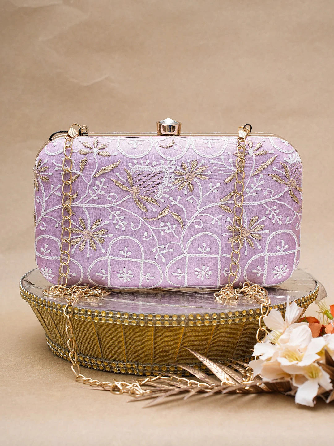 Ada Hand Embroidered Mauve Silk Lucknowi Chikankari Clutch With Zari Work 01A624577