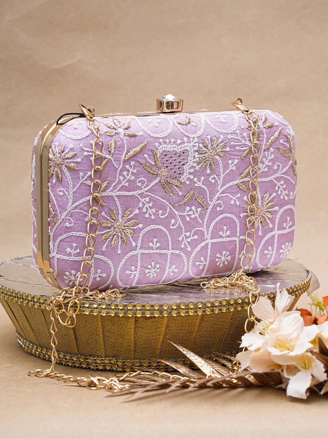 Ada Hand Embroidered Mauve Silk Lucknowi Chikankari Clutch With Zari Work 01A624577