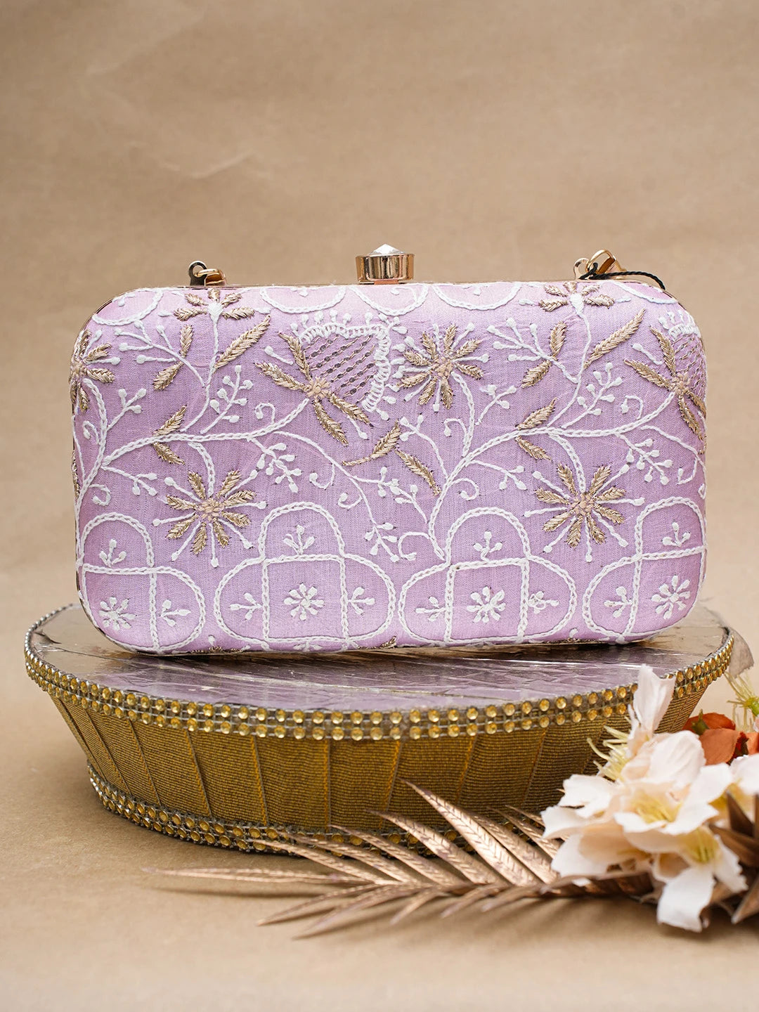 Ada Hand Embroidered Mauve Silk Lucknowi Chikankari Clutch With Zari Work 01A624577