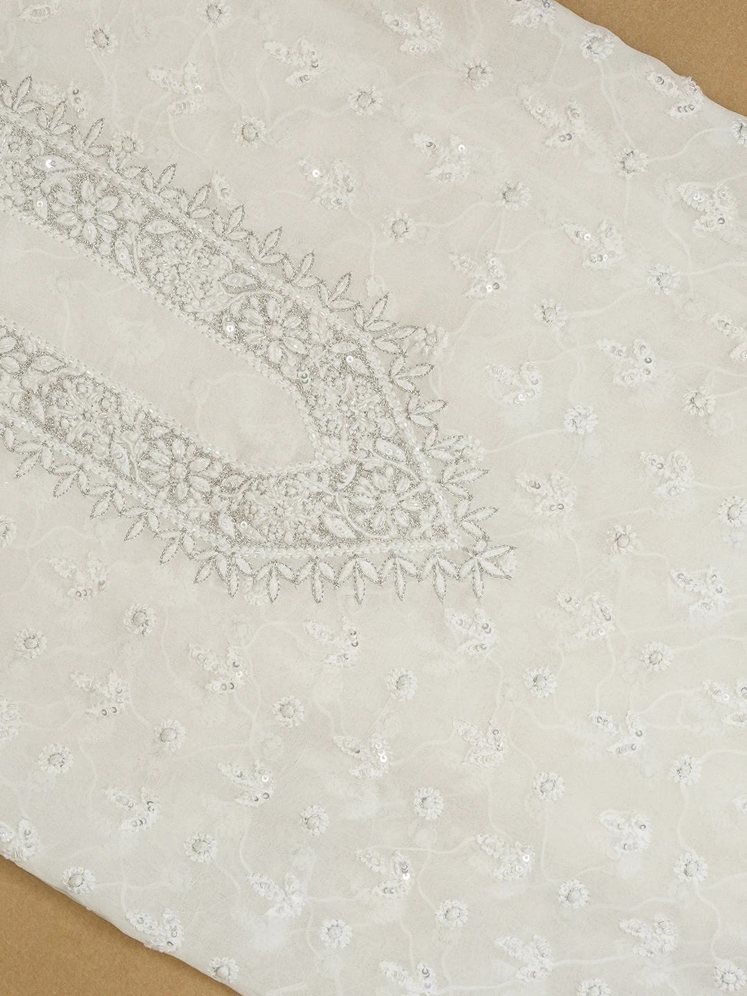 Ada Hand Embroidered White Viscose Georgette Lucknowi Chikankari Unstitched Men's Kurta Piece With Sequinned Work 01A461870