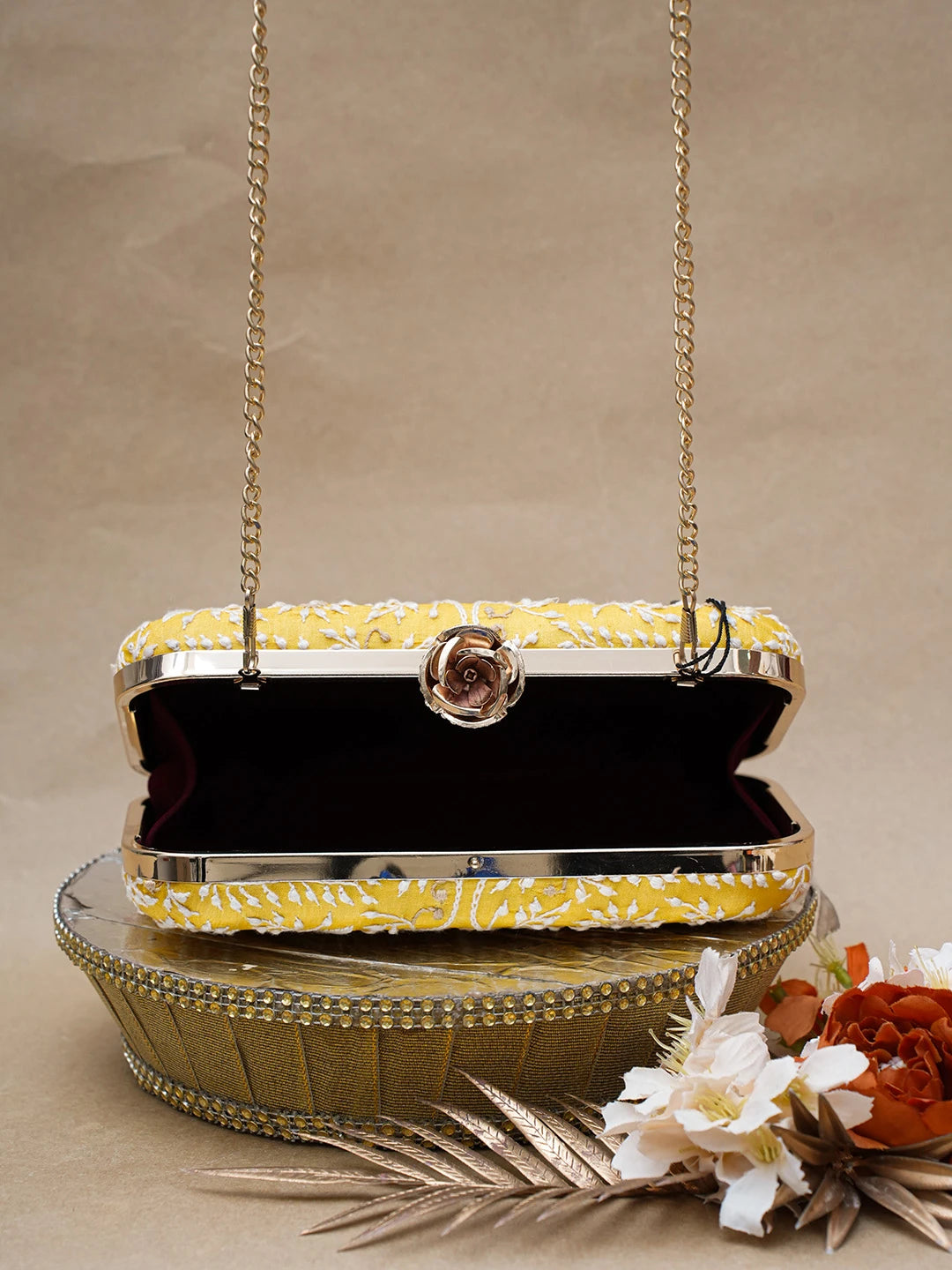 Ada Hand Embroidered Yellow Silk Lucknowi Chikankari Clutch With Zari Work 01A685817