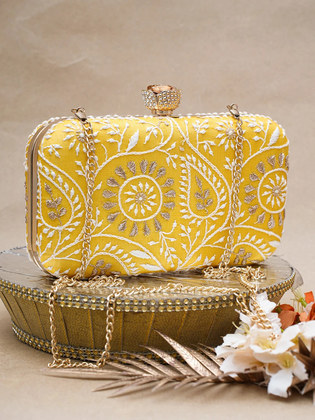 Ada Hand Embroidered Yellow Silk Lucknowi Chikankari Clutch With Zari Work 01A685817