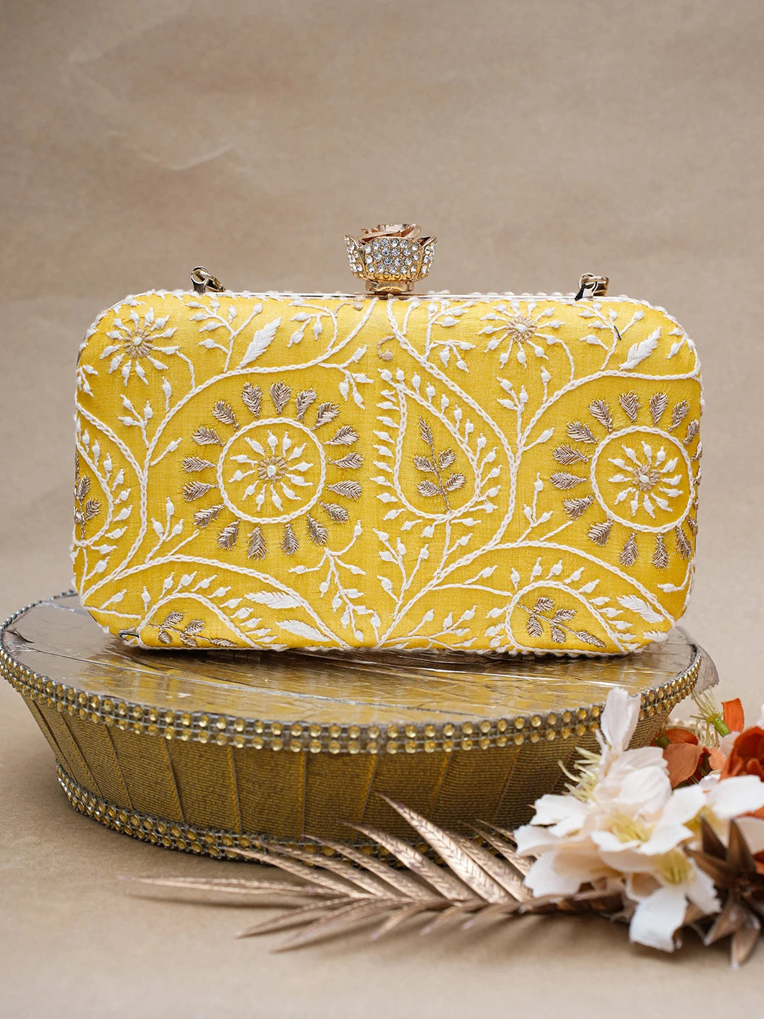 Ada Hand Embroidered Yellow Silk Lucknowi Chikankari Clutch With Zari Work 01A685817