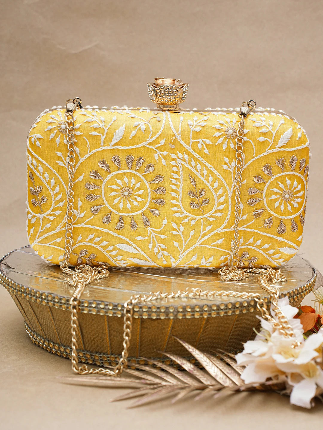 Ada Hand Embroidered Yellow Silk Lucknowi Chikankari Clutch With Zari Work 01A685817
