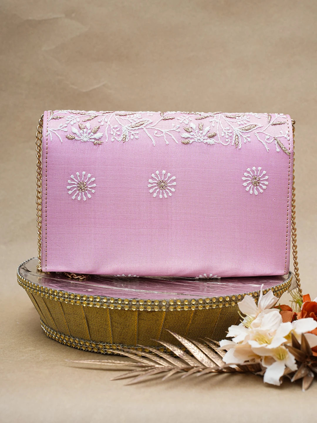 Ada Hand Embroidered Pink Silk Lucknowi Chikankari Clutch With Zari Work 01A653242