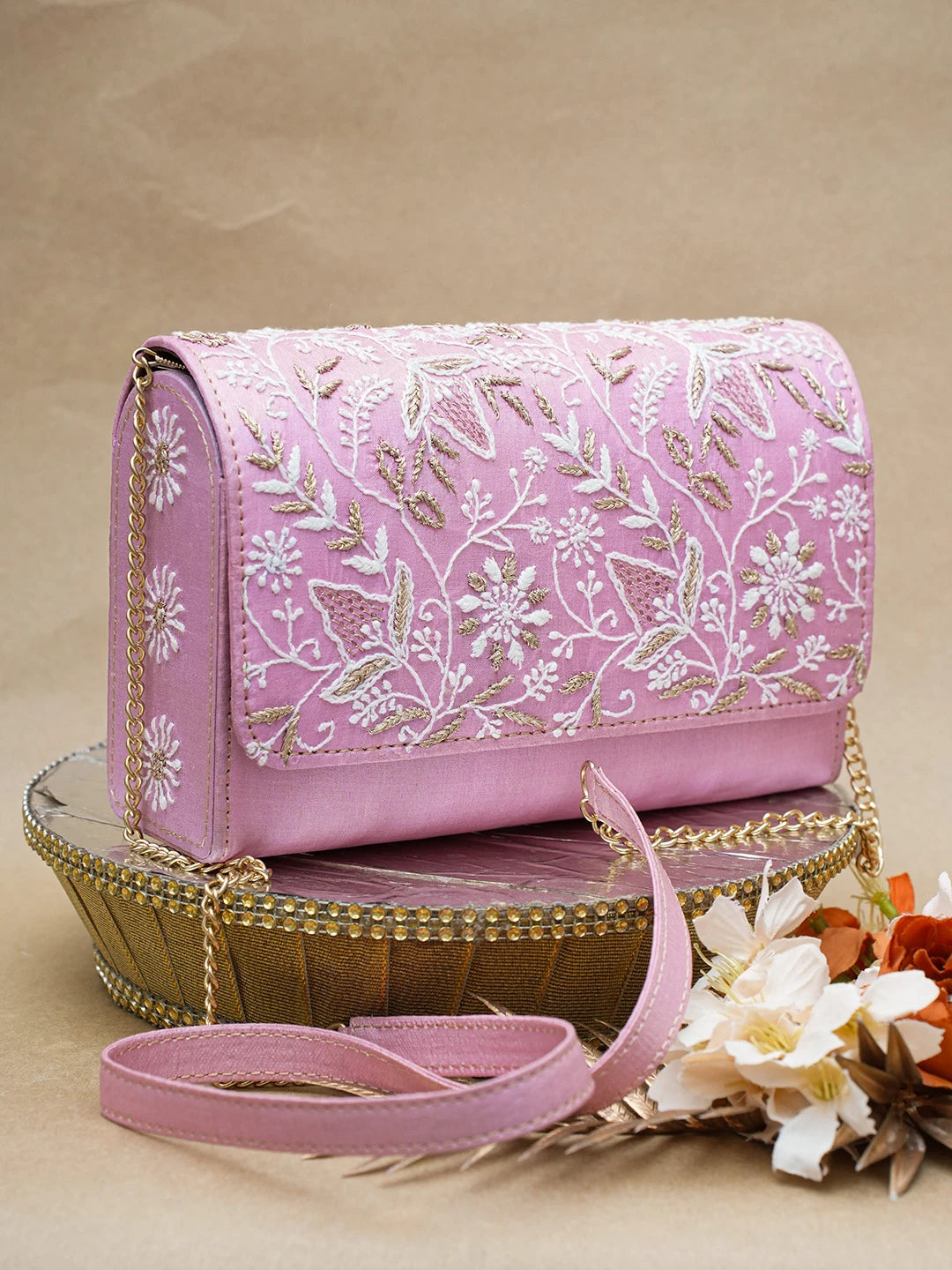 Ada Hand Embroidered Pink Silk Lucknowi Chikankari Clutch With Zari Work 01A653242