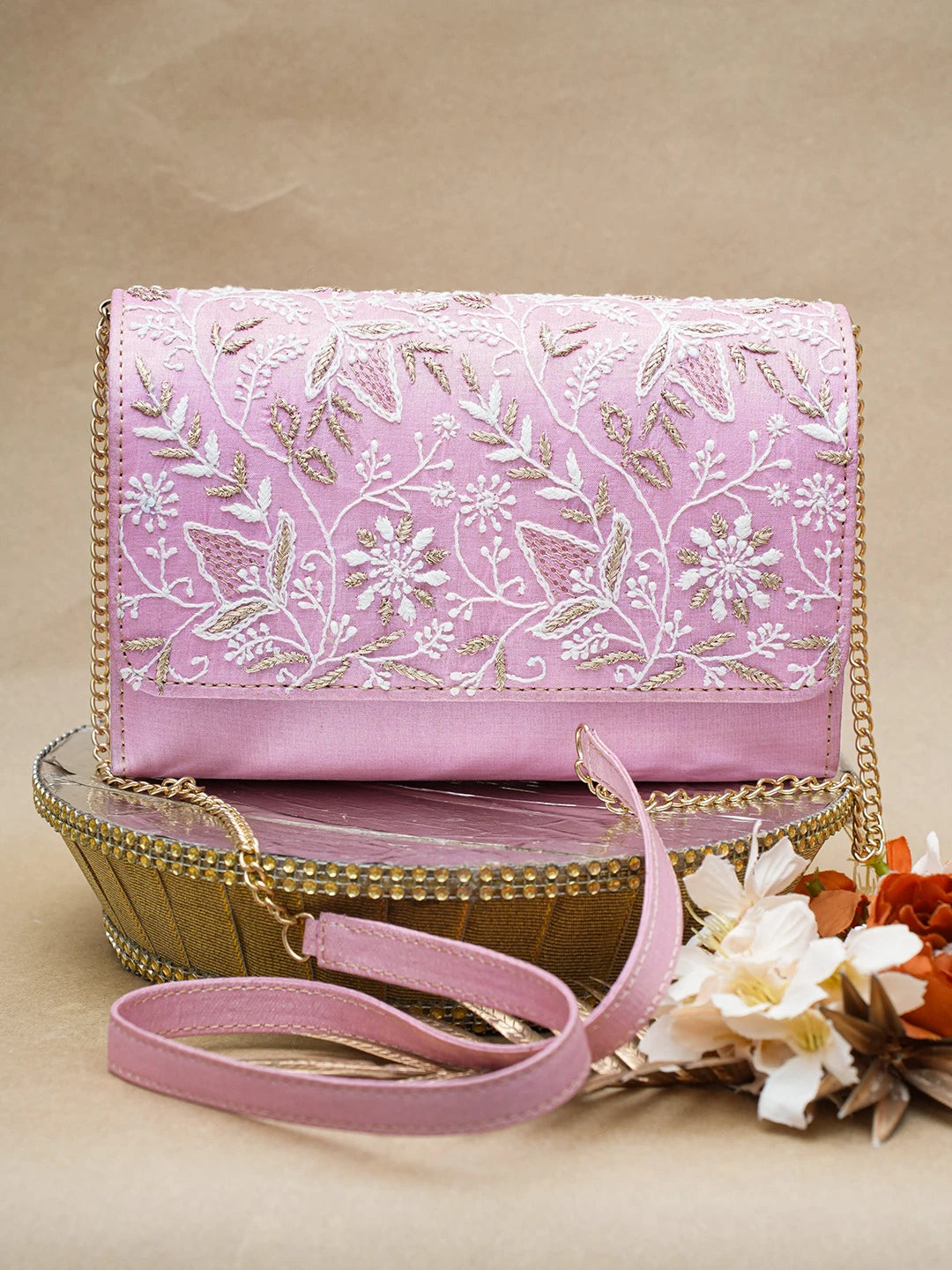 Ada Hand Embroidered Pink Silk Lucknowi Chikankari Clutch With Zari Work 01A653242