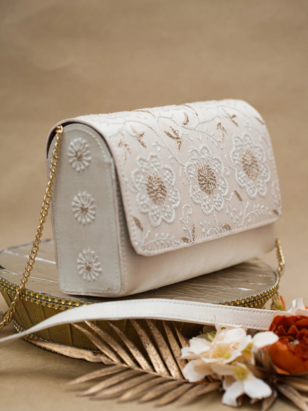 Ada Hand Embroidered Light Fawn Silk Lucknowi Chikankari Clutch With Zari Work 01A696447