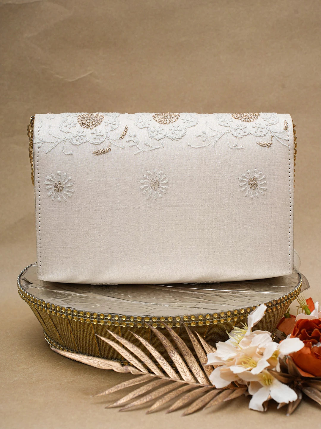 Ada Hand Embroidered Light Fawn Silk Lucknowi Chikankari Clutch With Zari Work 01A696447