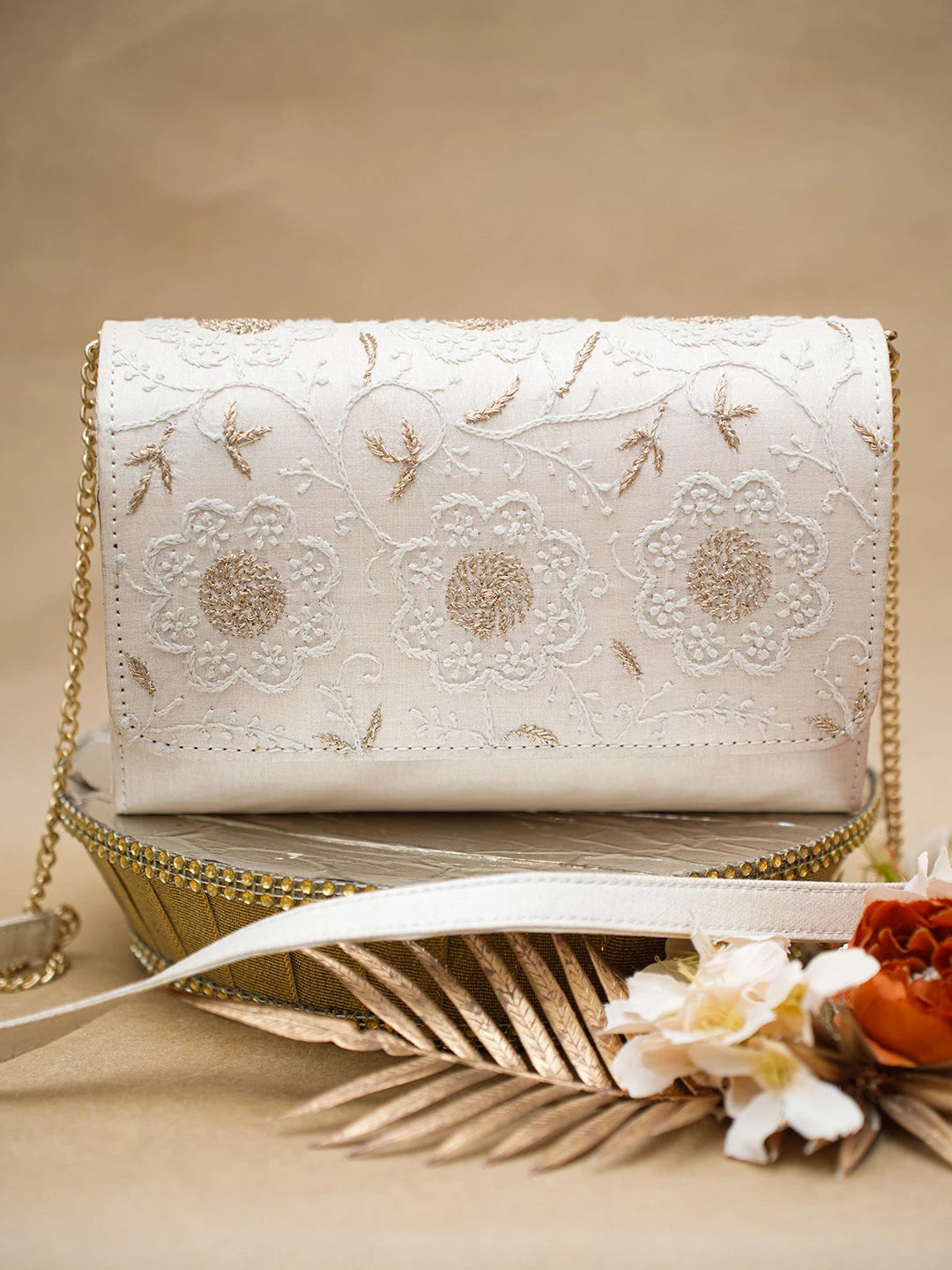 Ada Hand Embroidered Light Fawn Silk Lucknowi Chikankari Clutch With Zari Work 01A696447