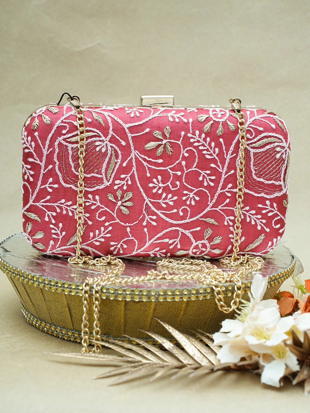 Ada Hand Embroidered Red Silk Lucknowi Chikankari Clutch With Zari Work 01A685807