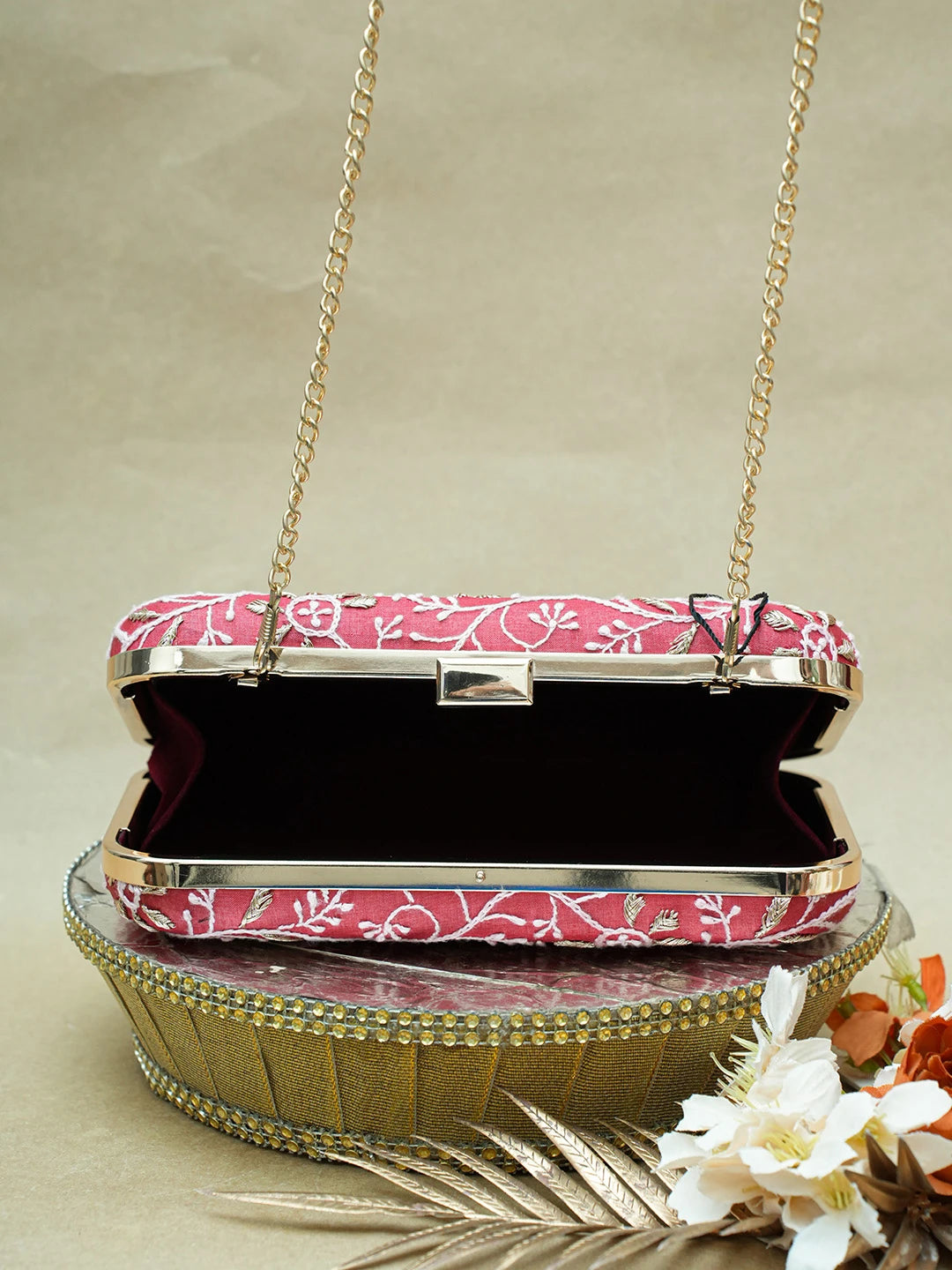 Ada Hand Embroidered Red Silk Lucknowi Chikankari Clutch With Zari Work 01A685807