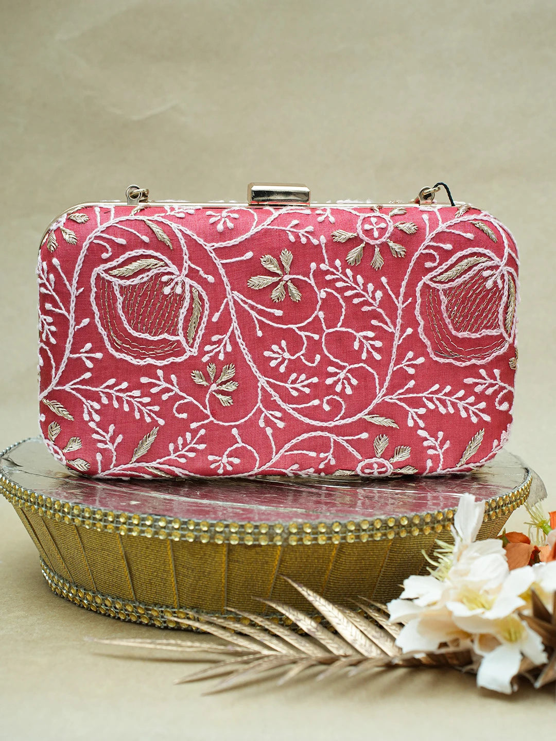 Ada Hand Embroidered Red Silk Lucknowi Chikankari Clutch With Zari Work 01A685807