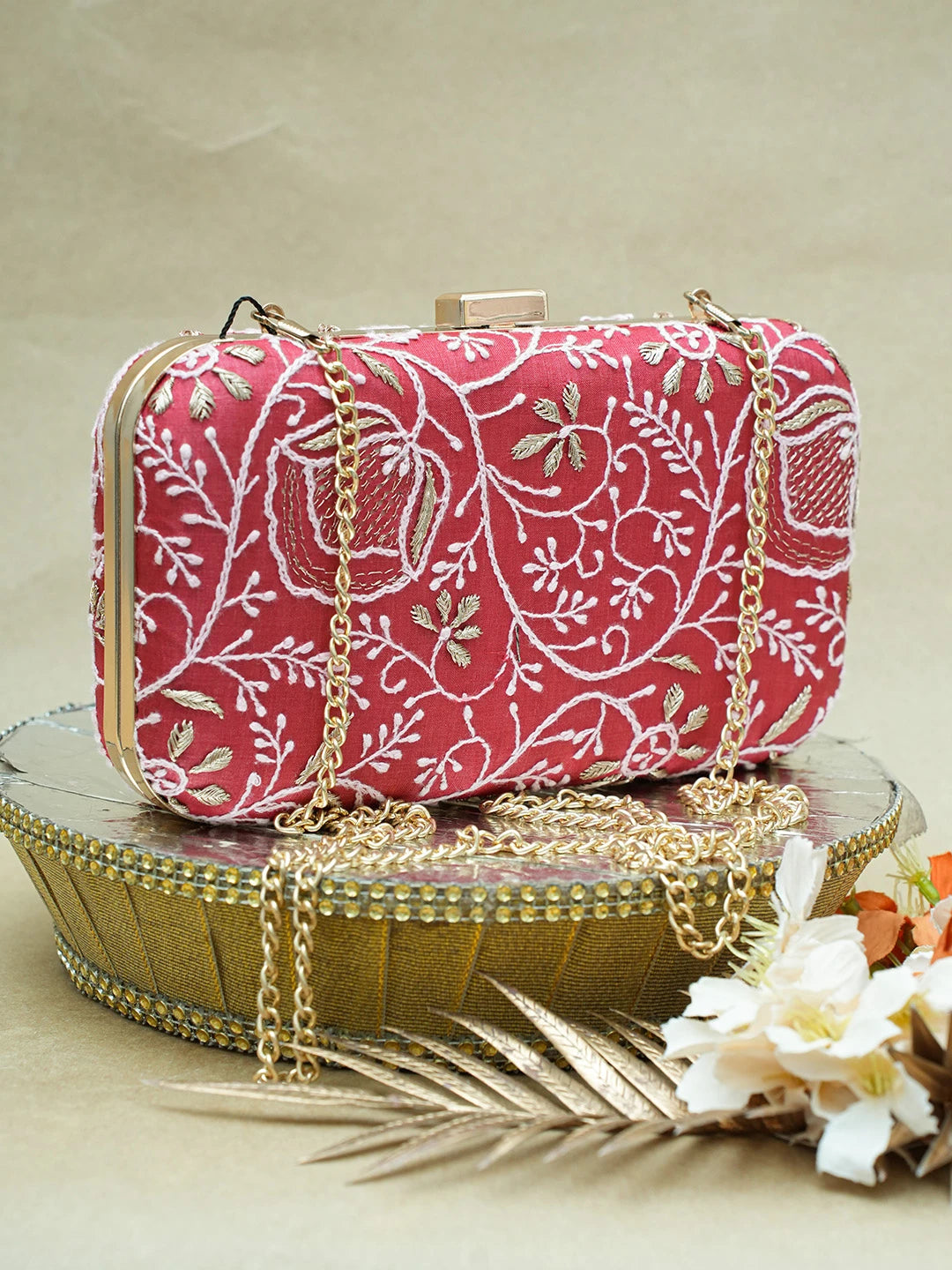 Ada Hand Embroidered Red Silk Lucknowi Chikankari Clutch With Zari Work 01A685807