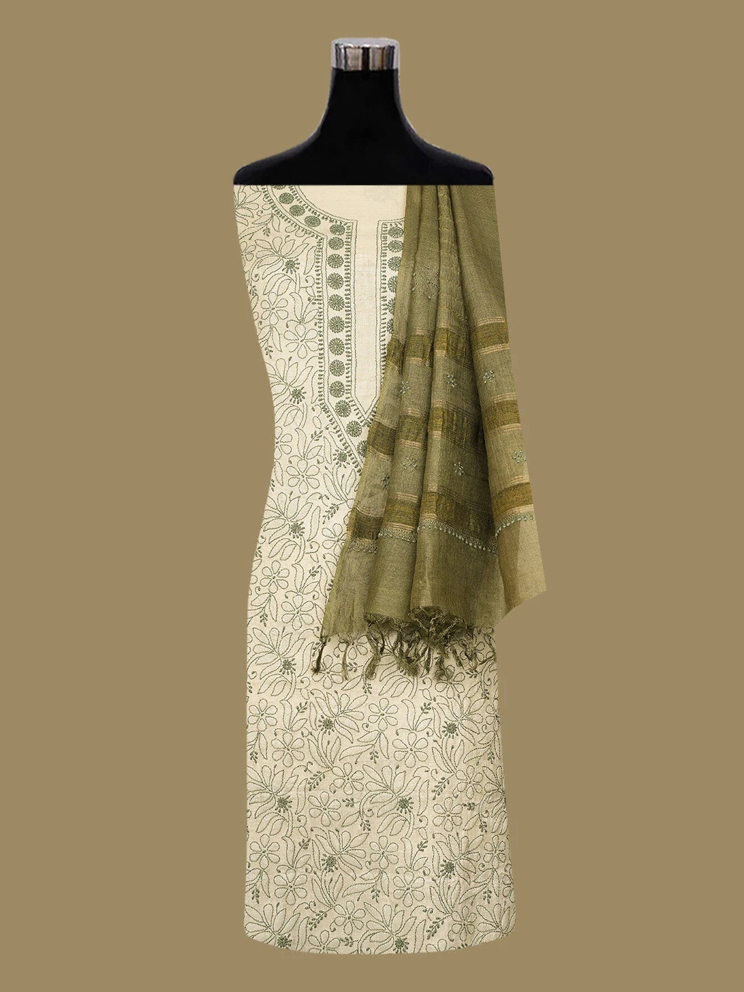 Ada Hand Embroidered Fawn Silk Lucknowi Chikankari Unstitched Suit Piece 01A692643