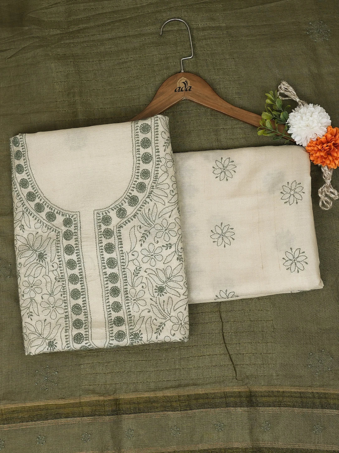 Ada Hand Embroidered Fawn Silk Lucknowi Chikankari Unstitched Suit Piece 01A692643