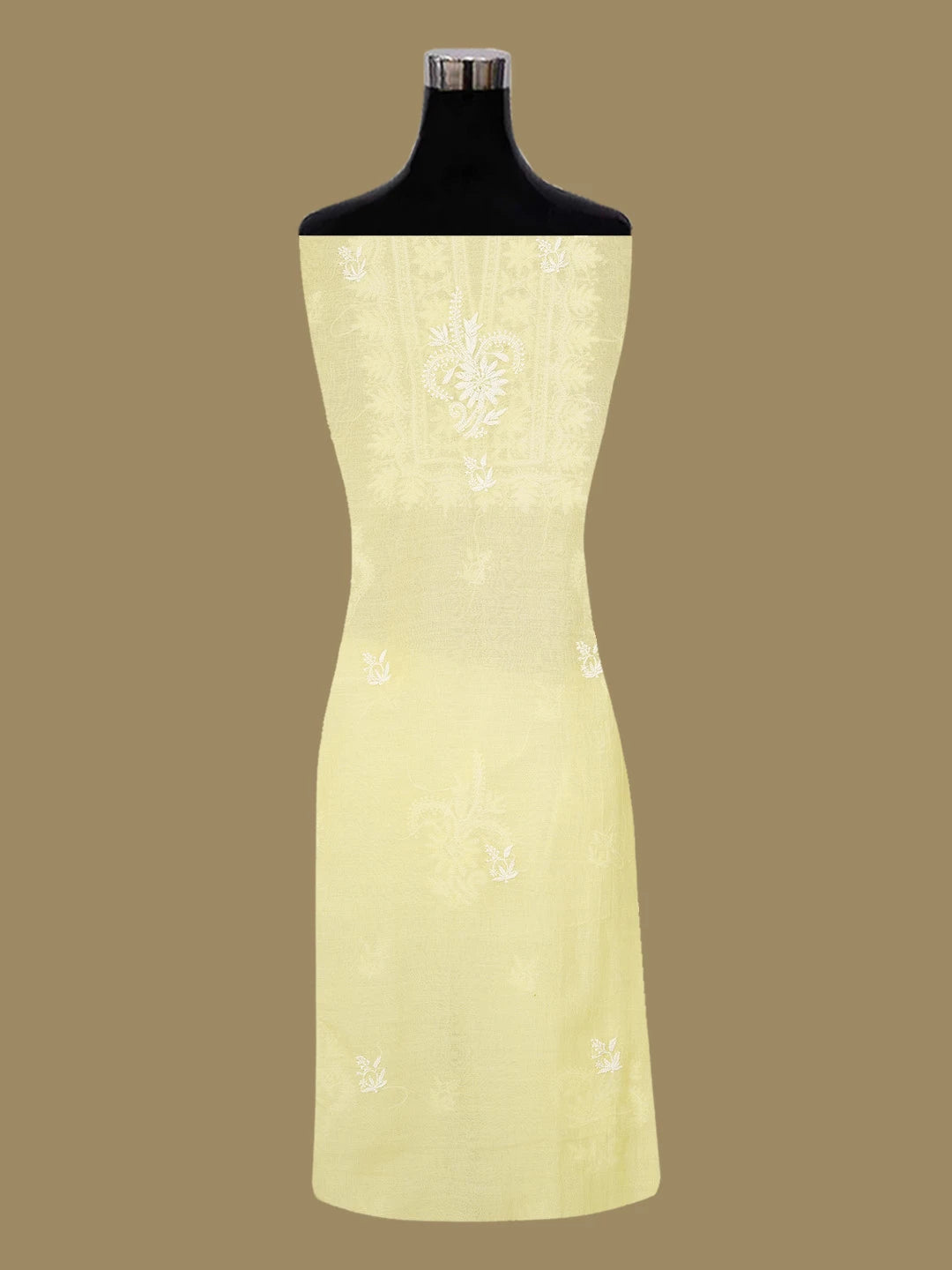 Ada Hand Embroidered Lemon Yellow Chanderi Lucknowi Chikankari Unstitched Kurta Dupatta Set With Pearl Work 01A690206
