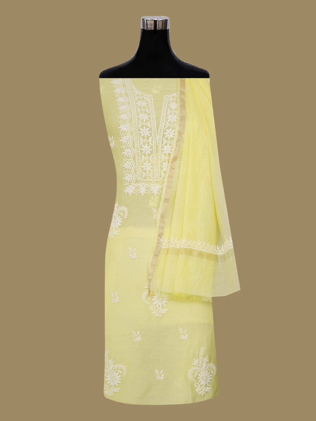 Ada Hand Embroidered Lemon Yellow Chanderi Lucknowi Chikankari Unstitched Kurta Dupatta Set With Pearl Work 01A690206