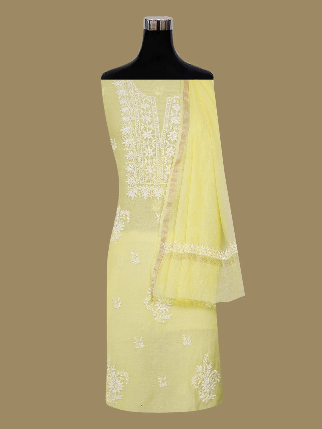 Ada Hand Embroidered Lemon Yellow Chanderi Lucknowi Chikankari Unstitched Kurta Dupatta Set With Pearl Work 01A690206