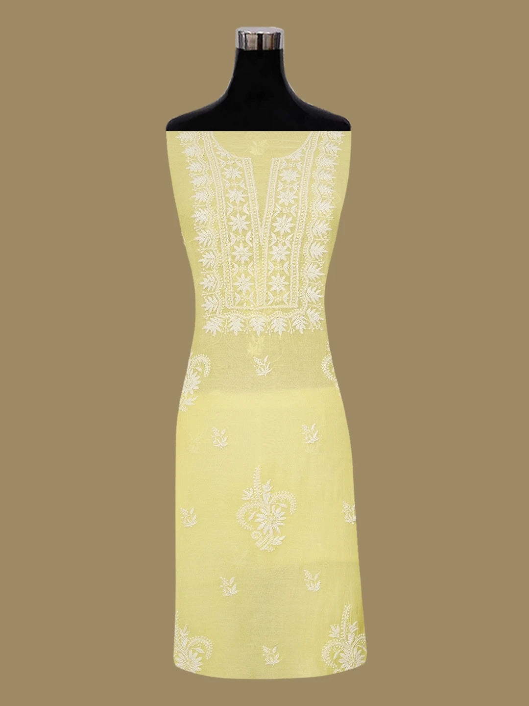 Ada Hand Embroidered Lemon Yellow Chanderi Lucknowi Chikankari Unstitched Kurta Dupatta Set With Pearl Work 01A690206
