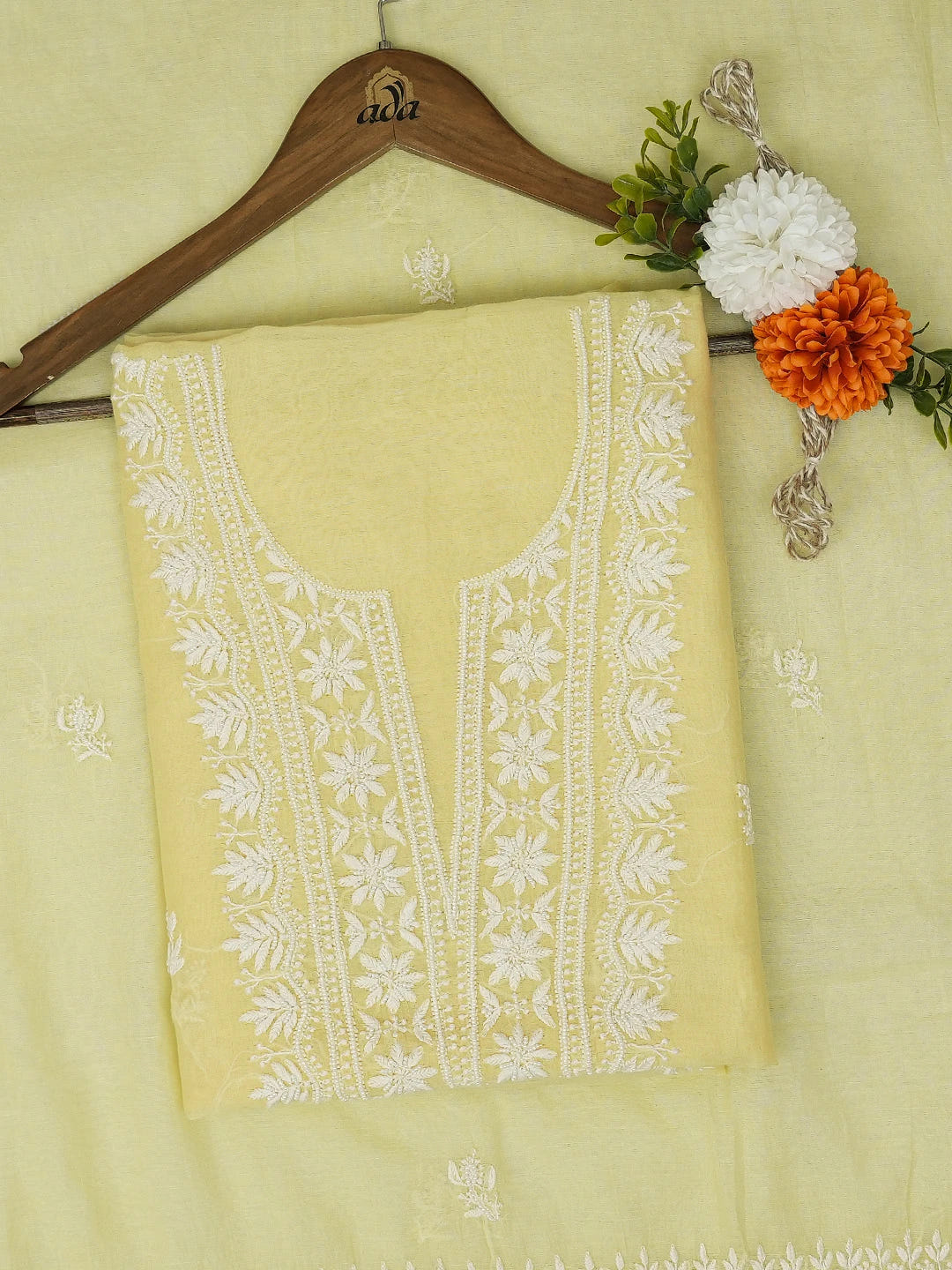 Ada Hand Embroidered Lemon Yellow Chanderi Lucknowi Chikankari Unstitched Kurta Dupatta Set With Pearl Work 01A690206