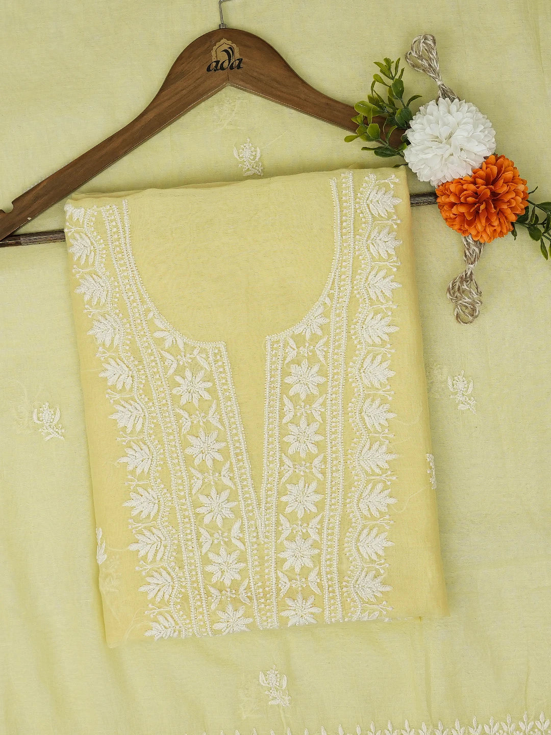 Ada Hand Embroidered Lemon Yellow Chanderi Lucknowi Chikankari Unstitched Kurta Dupatta Set With Pearl Work 01A690206