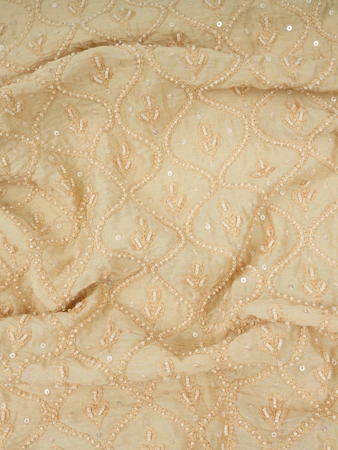 Ada Hand Embroidered Apricot Orange Chanderi Lucknowi Chikankari Unstitched Men's Kurta Piece With Sequinned Work 01A516839