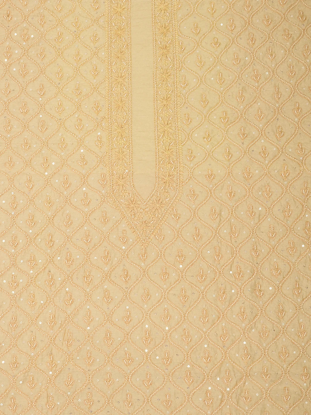 Ada Hand Embroidered Apricot Orange Chanderi Lucknowi Chikankari Unstitched Men's Kurta Piece With Sequinned Work 01A516839