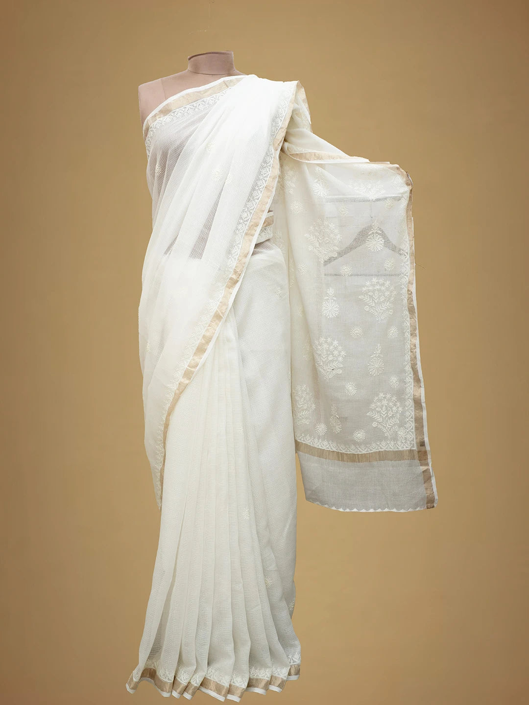Ada Hand Embroidered White Kota Lucknowi Chikankari Saree and Blouse 01A681666