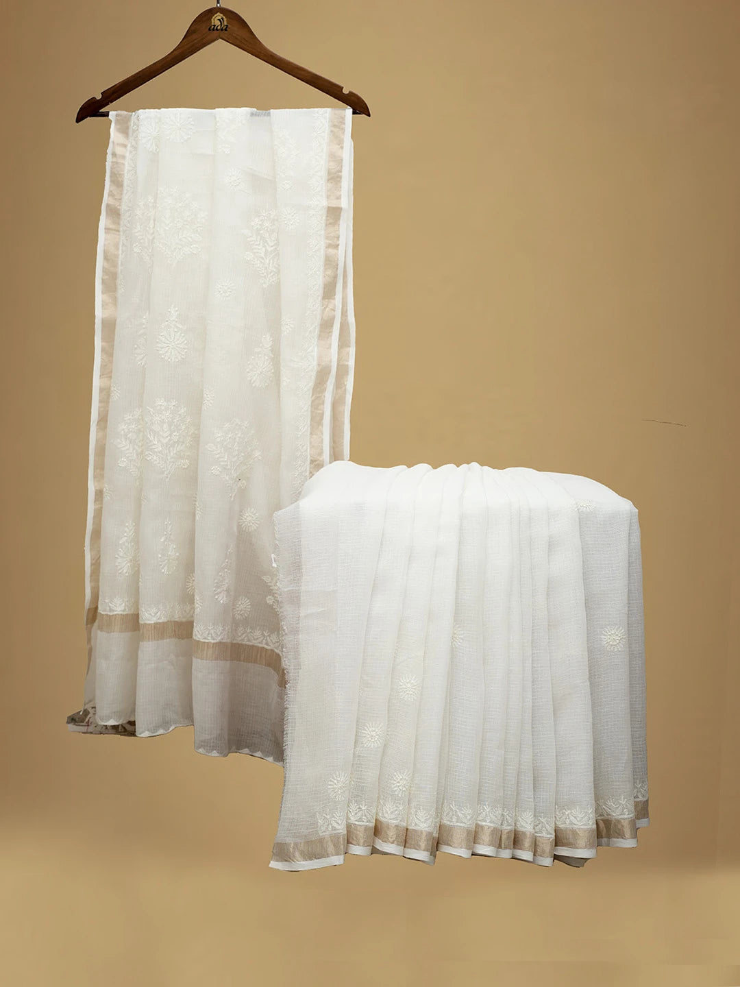 Ada Hand Embroidered White Kota Lucknowi Chikankari Saree and Blouse 01A681666