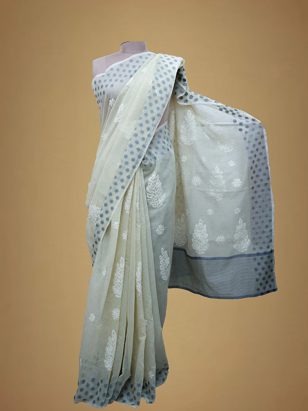 Ada Hand Embroidered Harbor Grey Chanderi Lucknowi Chikankari Saree and Blouse 01A683672