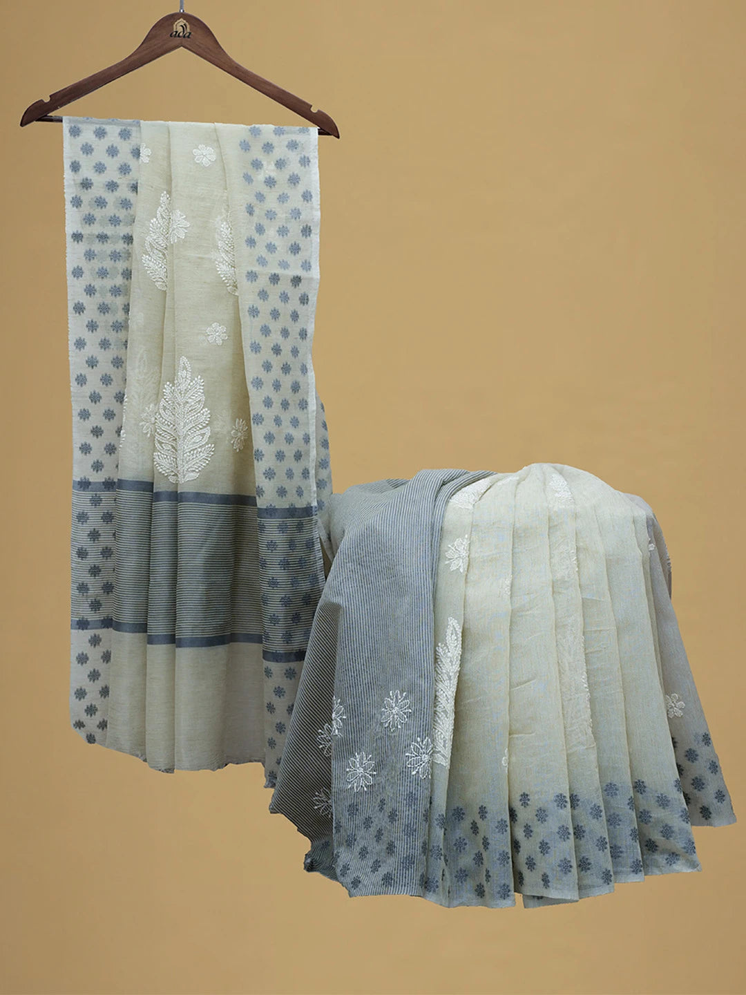 Ada Hand Embroidered Harbor Grey Chanderi Lucknowi Chikankari Saree and Blouse 01A683672