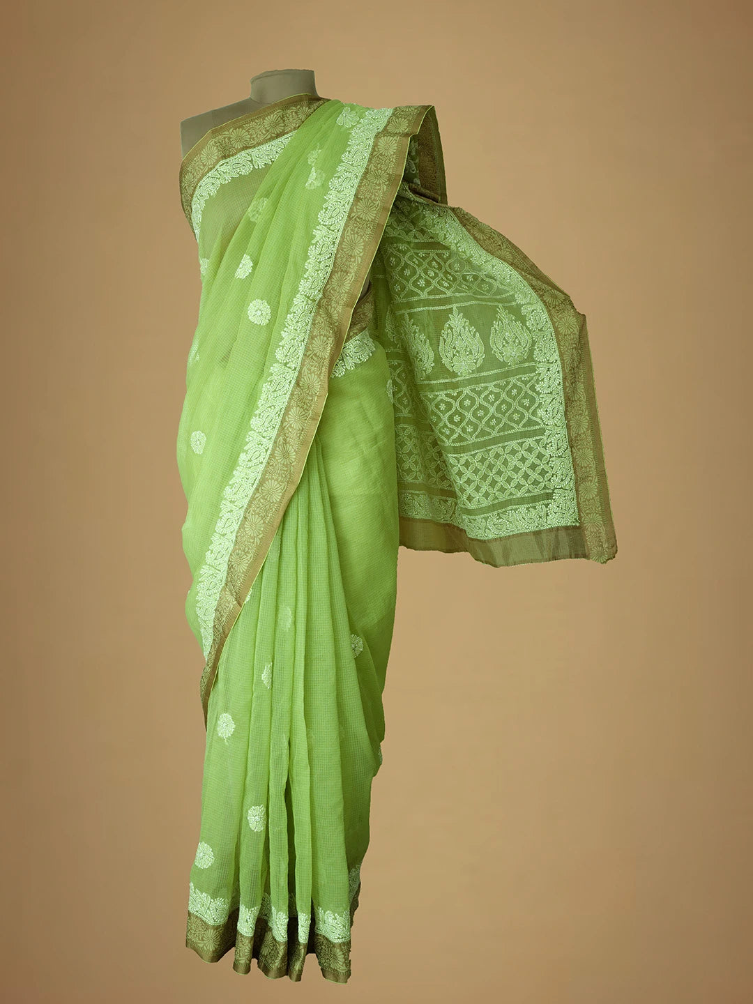 Ada Hand Embroidered Green Chanderi Lucknowi Chikankari Saree and Blouse 01A683650