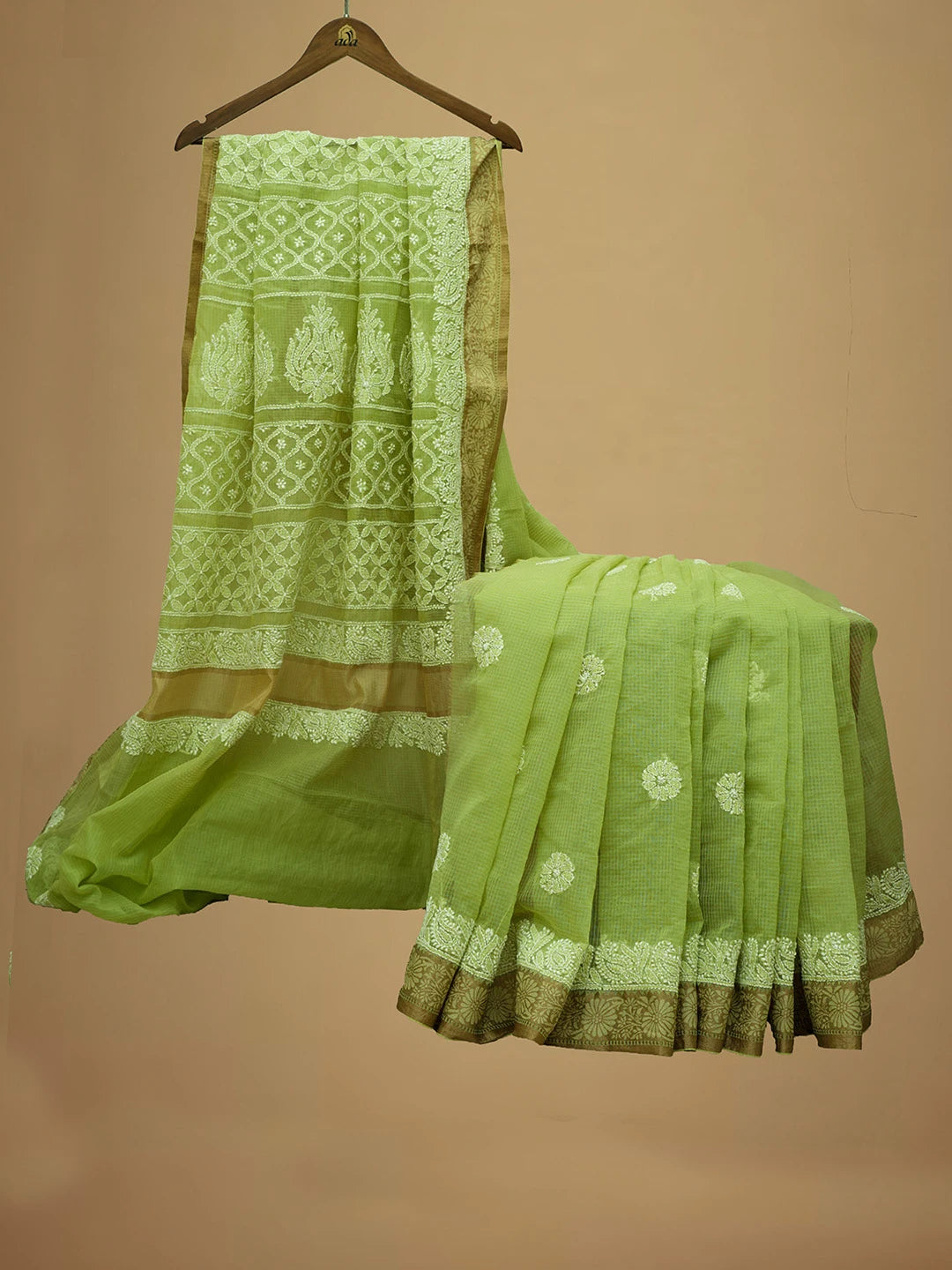 Ada Hand Embroidered Green Chanderi Lucknowi Chikankari Saree and Blouse 01A683650