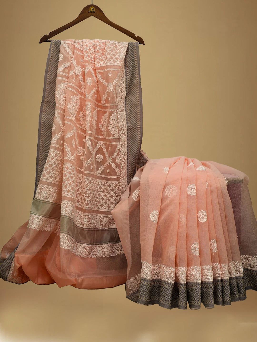 Ada Hand Embroidered Peach Chanderi Lucknowi Chikankari Saree and Blouse 01A683684