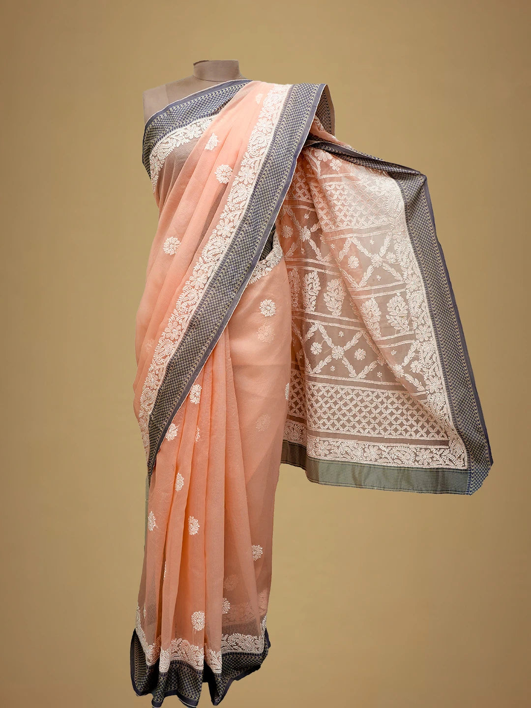 Ada Hand Embroidered Peach Chanderi Lucknowi Chikankari Saree and Blouse 01A683684