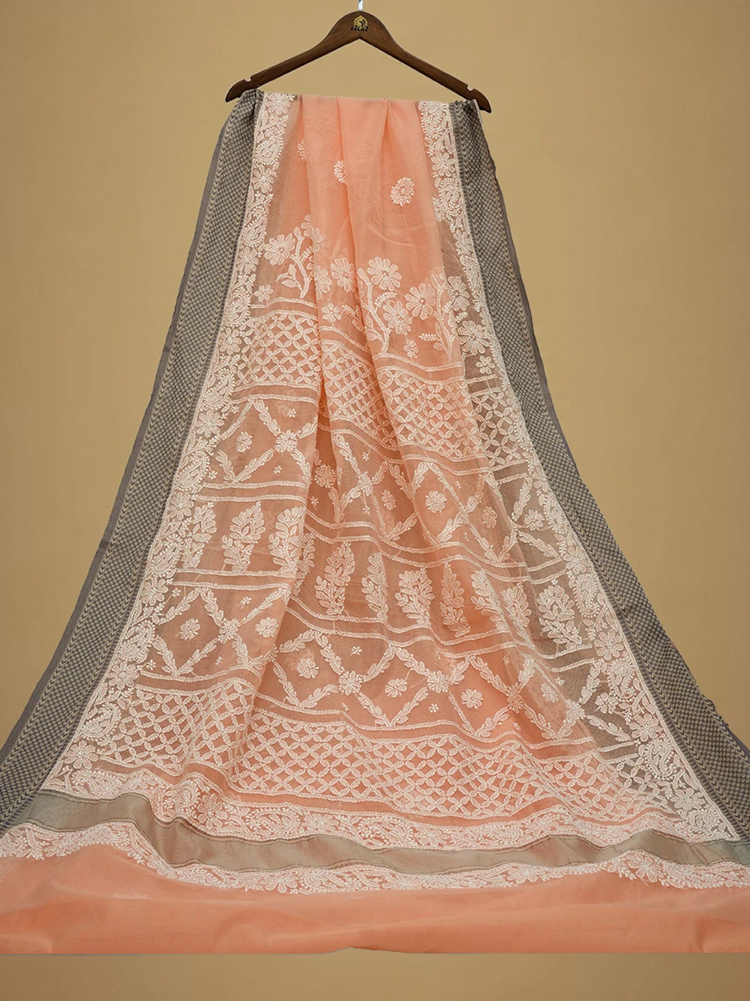 Ada Hand Embroidered Peach Chanderi Lucknowi Chikankari Saree and Blouse 01A683684