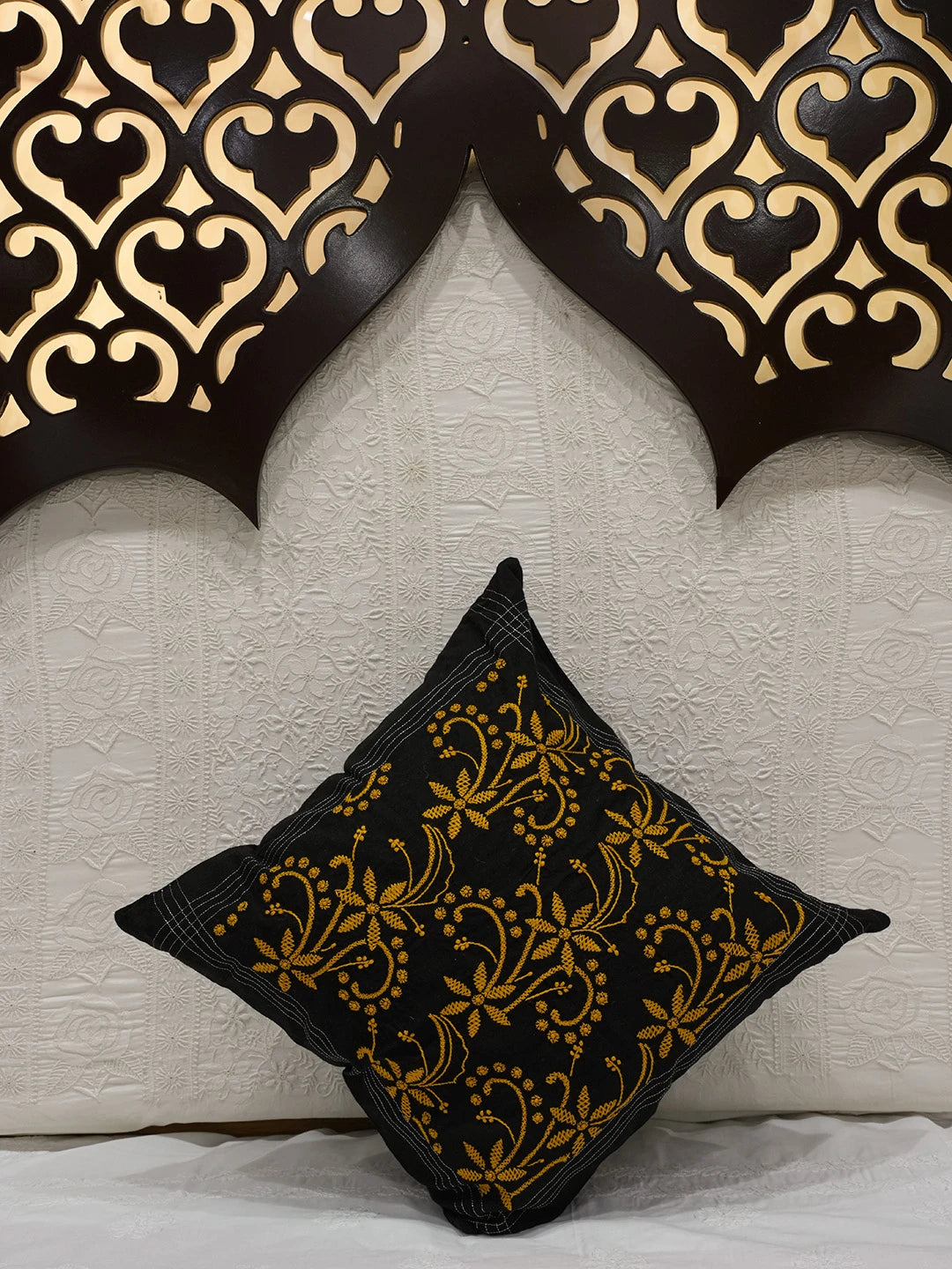 Ada Hand Embroidered Black Cotton Lucknowi Chikankari Cushion Cover 01A251402