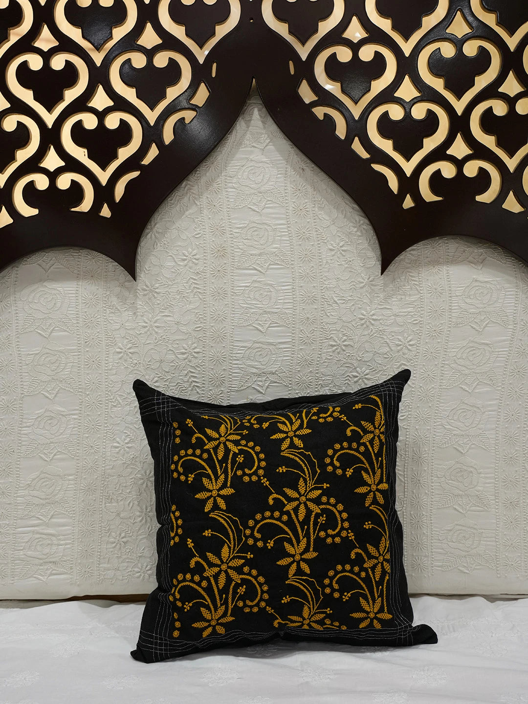 Ada Hand Embroidered Black Cotton Lucknowi Chikankari Cushion Cover 01A251402