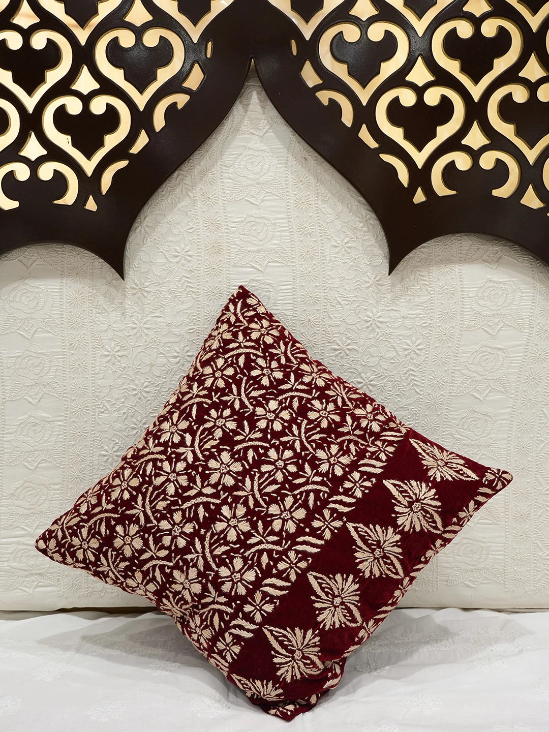 Ada Hand Embroidered Maroon Velvet Lucknowi Chikankari Cushion Cover 01A602144