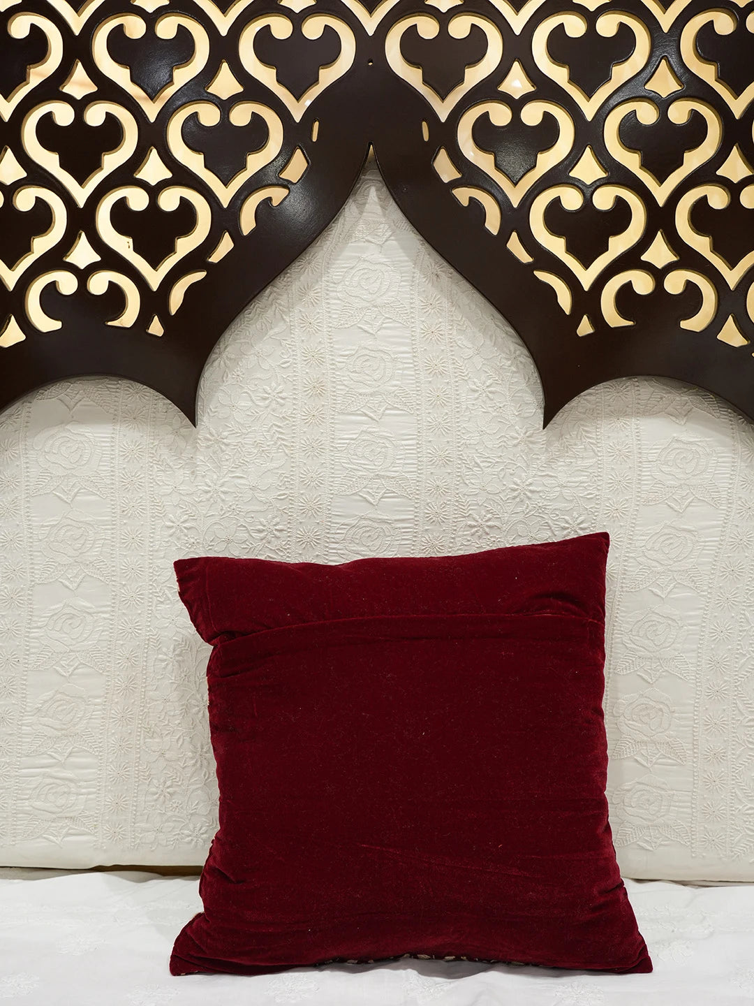 Ada Hand Embroidered Maroon Velvet Lucknowi Chikankari Cushion Cover 01A602144