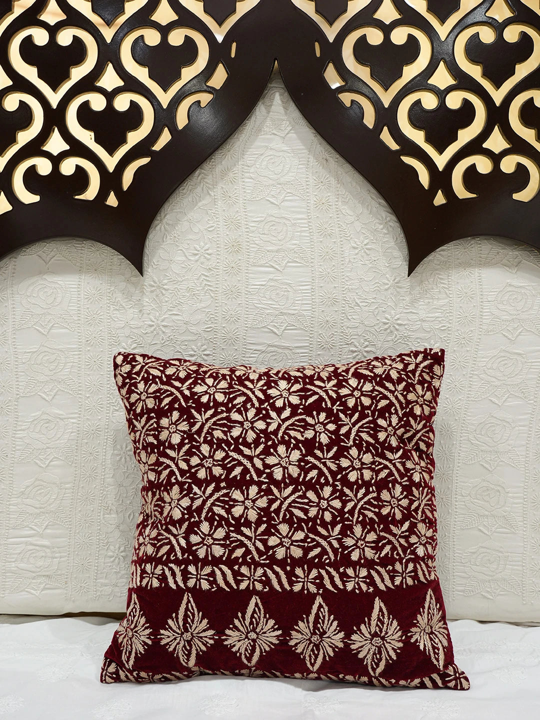 Ada Hand Embroidered Maroon Velvet Lucknowi Chikankari Cushion Cover 01A602144