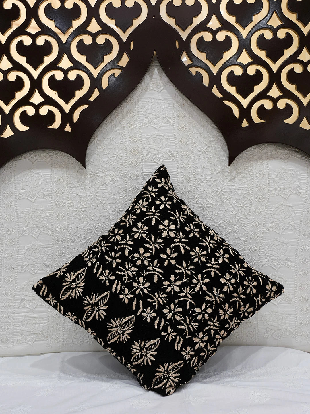 Ada Hand Embroidered Black Velvet Lucknowi Chikankari Cushion Cover 01A643211